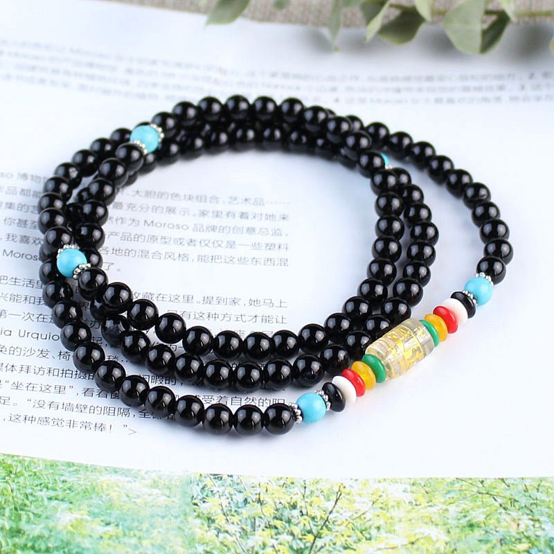 Black Agate Mala Prayer Beads - Rudraksha Mala Jewelry