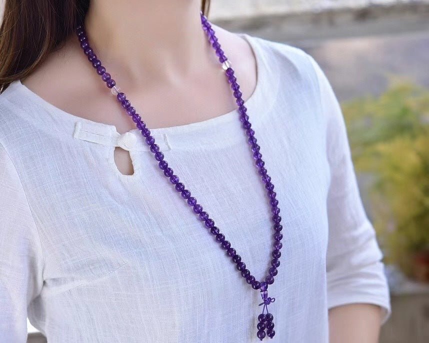 Genuine Amethyst Mala Necklace - Rudraksha Mala Jewelry