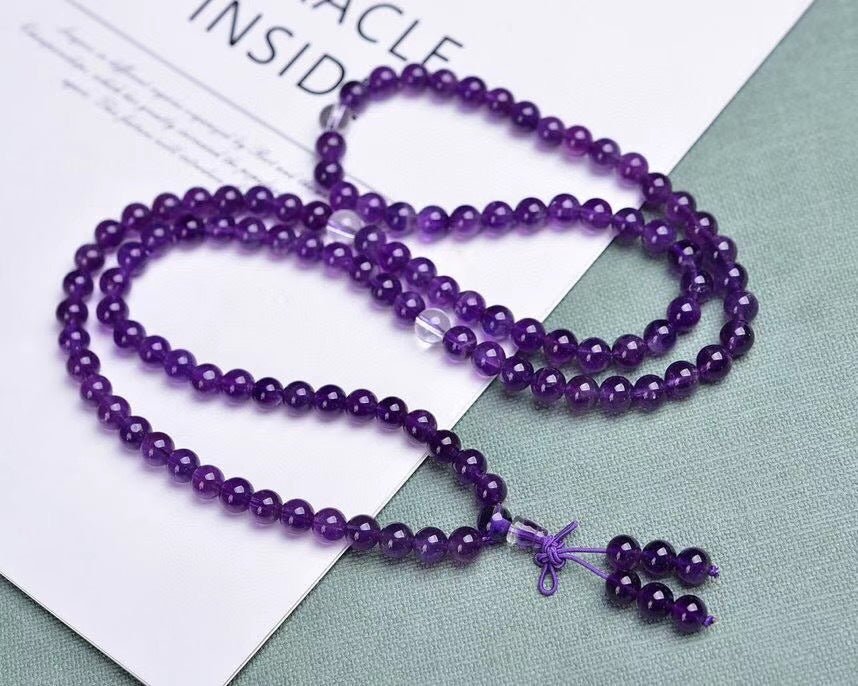 Genuine Amethyst Mala Necklace - Rudraksha Mala Jewelry