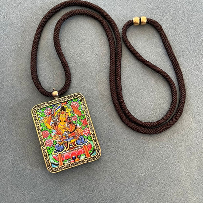 Hand Drawn Tibetan Thangka Painting Pendant Necklace - Rudraksha Mala Jewelry
