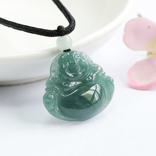 Laughing Buddha Jade Pendant - Rudraksha Mala Jewelry