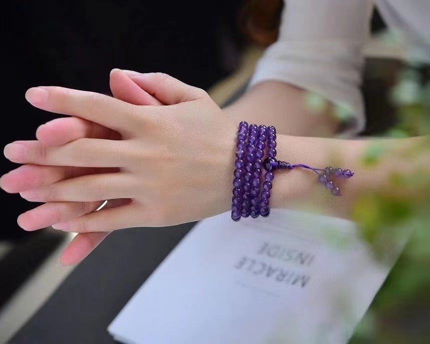 Natural Amethyst Mala Bracelet - Rudraksha Mala Jewelry