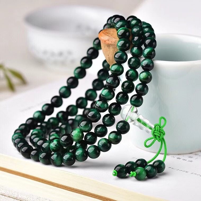 Natural Green Tiger Eye Mala Beads - Rudraksha Mala Jewelry