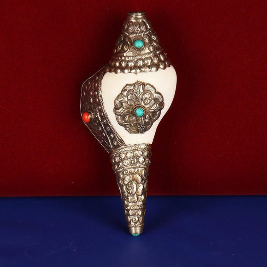 Nepal Handmade White Copper Covered Vishnu Shankh - Rudraksha Mala Jewelry