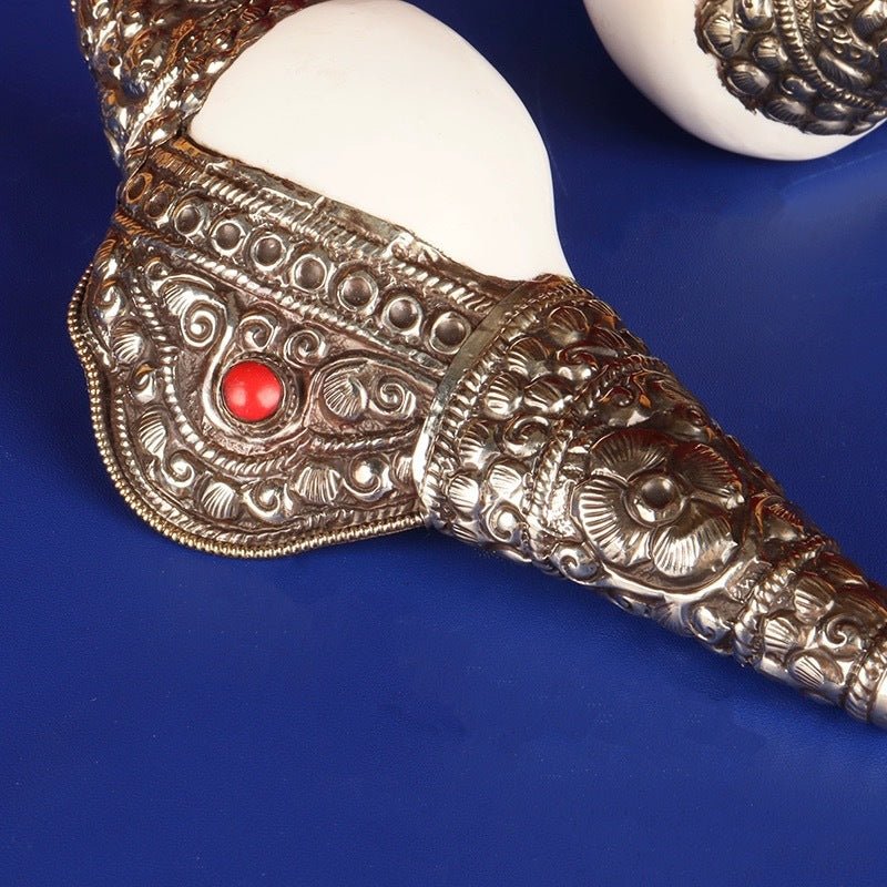 Nepal Handmade White Copper Covered Vishnu Shankh - Rudraksha Mala Jewelry