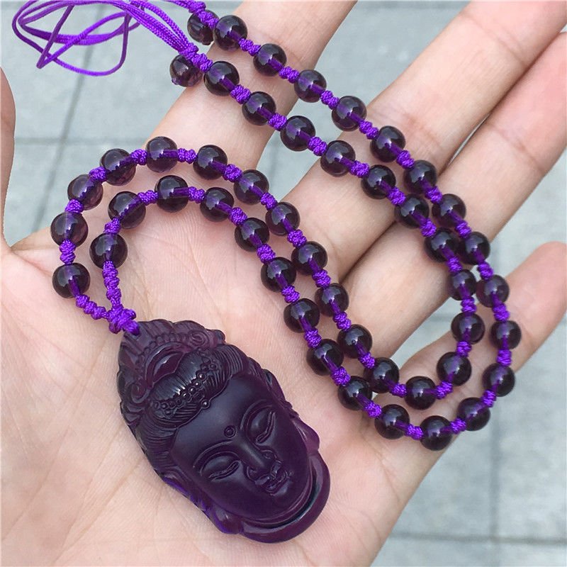 Real Purple Crystal Buddha Necklace - Rudraksha Mala Jewelry