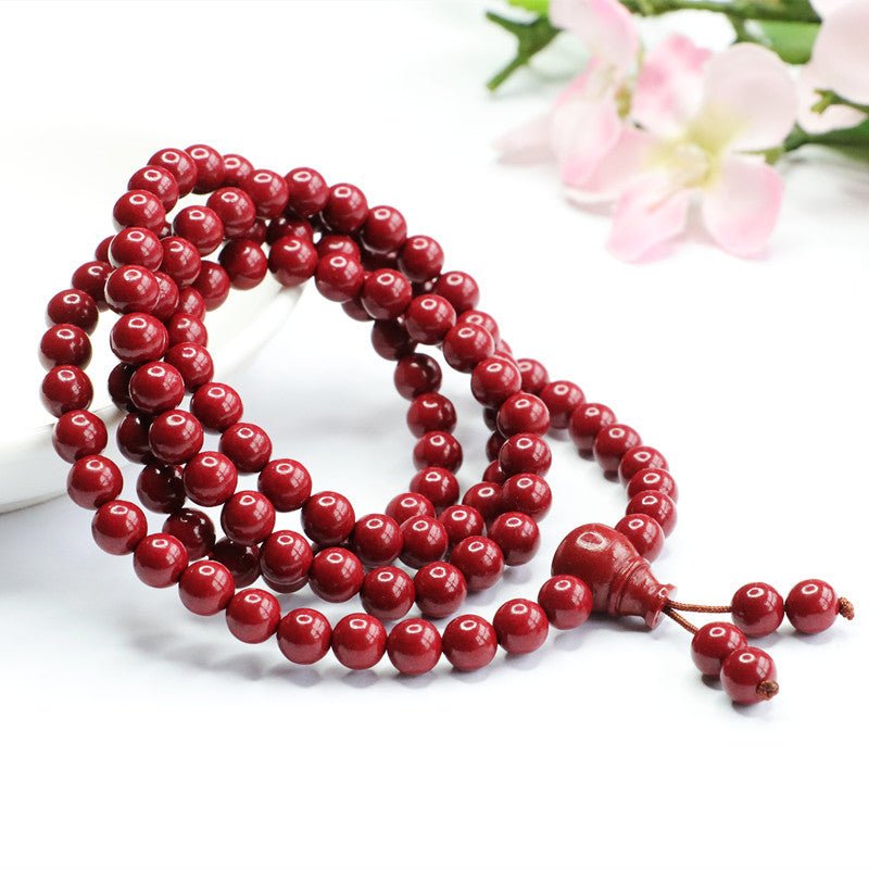 Genuine Dark Red Cinnabar Mala Bead Necklace - Rudraksha Mala Jewelry