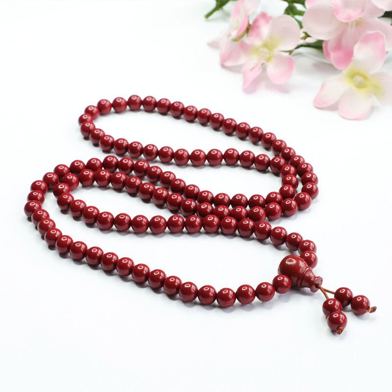 Genuine Dark Red Cinnabar Mala Bead Necklace - Rudraksha Mala Jewelry