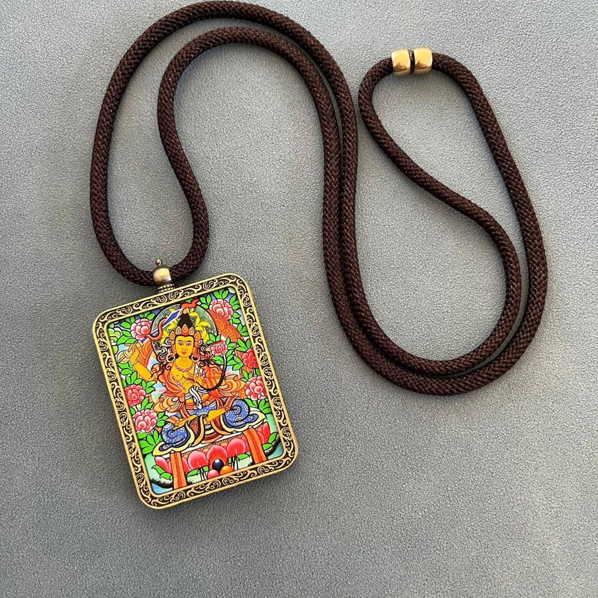 Hand Drawn Tibetan Thangka Painting Pendant Necklace - Rudraksha Mala Jewelry