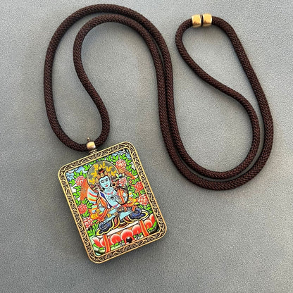 Hand Drawn Tibetan Thangka Painting Pendant Necklace - Rudraksha Mala Jewelry
